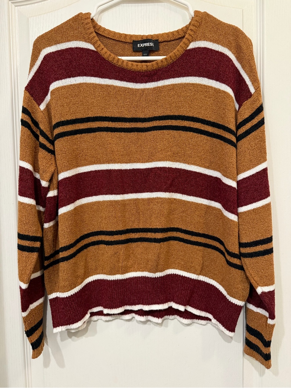 Express Striped Crewneck Sweater in Mustard, Burgundy, White & Black